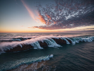 Fototapeta premium Exquisite Sunset Over Rugged Ocean Waves at Coastal Location on a Tranquil Evening