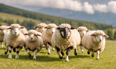 Fototapeta premium Flock of Sheep Running Energetically Across Green Meadow in Mountainous Landscape During Daytime