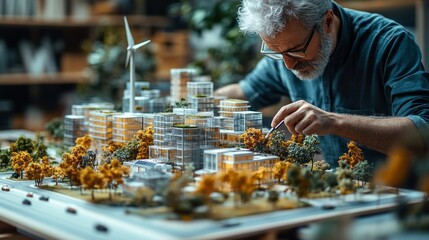 An engineer works intently on a detailed architectural model, showcasing sustainable buildings and vibrant greenery in a contemporary setting