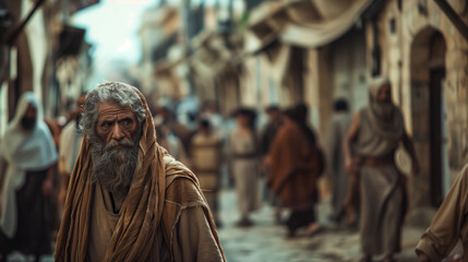 Obraz premium The apostle Peter in ancient town Galilee, surrounded by people in traditional outfits. Concepts of history, culture, and timeless human presence in ancient settings.
