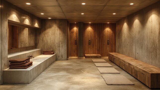 Modern wooden locker room with warm lighting, featuring benches and decorative elements, ideal for spa or fitness center use.