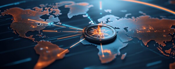 A mesmerizing view of a world map illuminated by a digital compass, blending technology with geographical artistry in stunning detail.