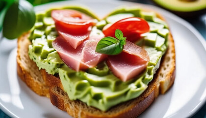 Healthy sandwichh with avocado paste, Italian ham and tomatoes, ai