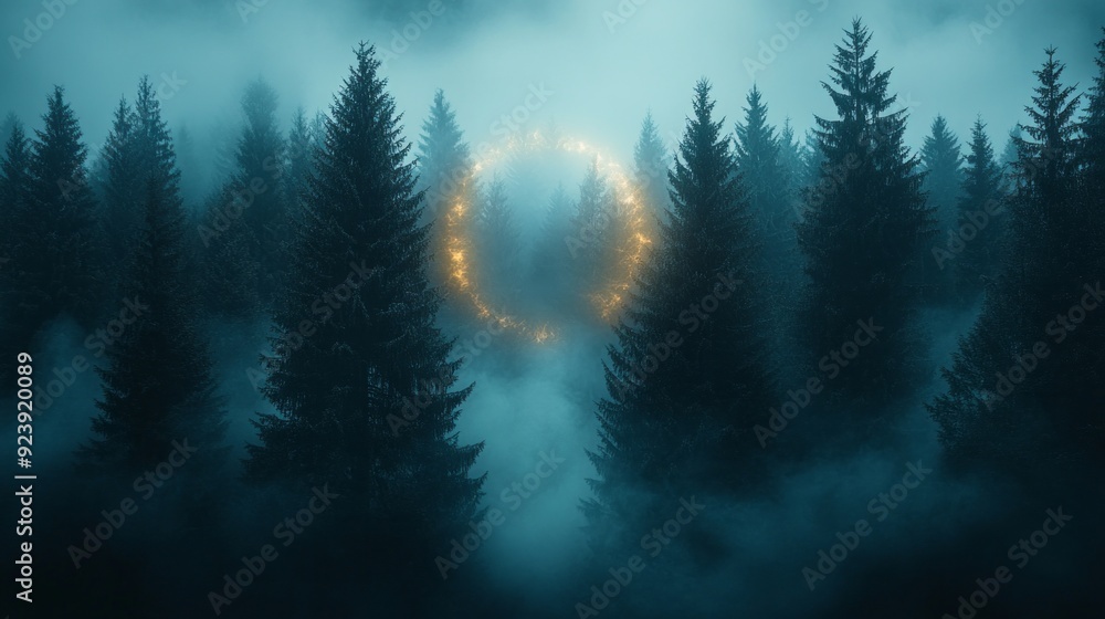 Poster A mysterious forest enveloped in dark fog features a glowing circle that adds an enchanting touch to the tranquil atmosphere