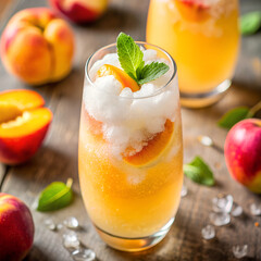 Fototapeta premium Fresh Peach Bellinis with Mint Garnish on Rustic Table