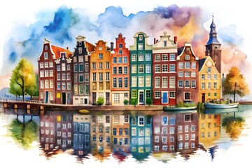 Fototapeta premium Traditional houses beside a canal in Leiden - South Holland, the Netherlands 