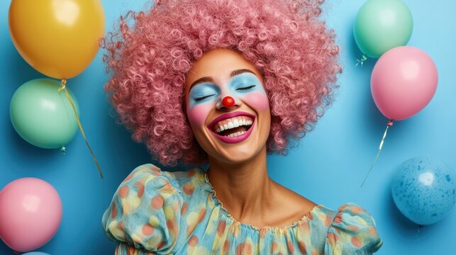 Joyful woman with colorful balloons clown makeup - Powered by Adobe
