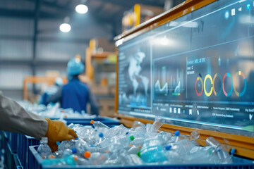 Worker sorting plastic bottles into a bin with a digital screen displaying recycling data in a factory. Concepts of recycling, waste management, and environmental sustainability.