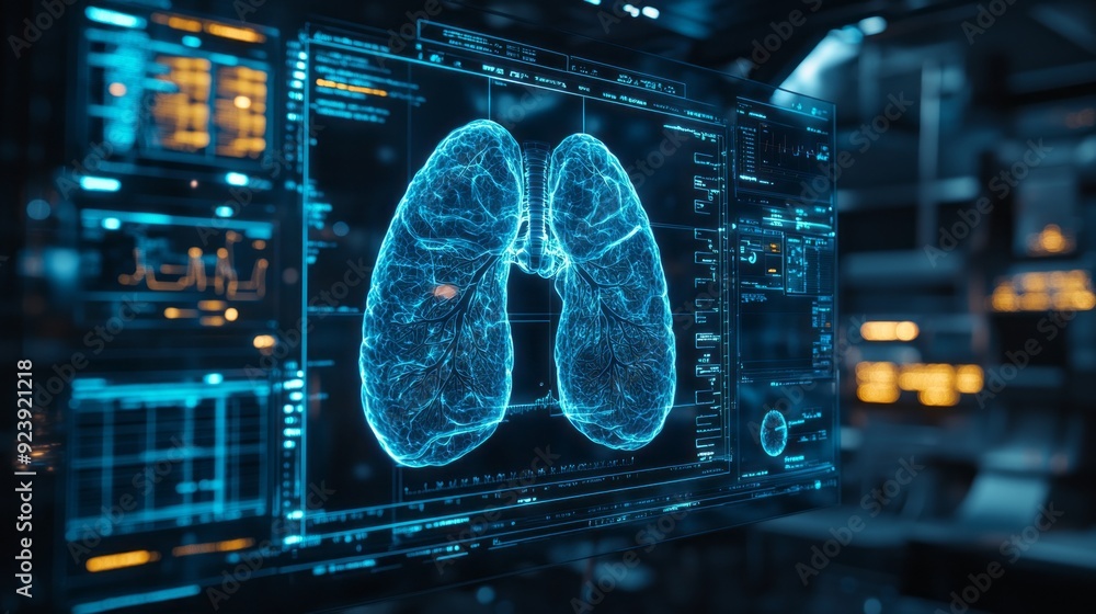 Poster A stunning digital representation of human lungs showcases intricate details while displaying real-time health metrics and analytics