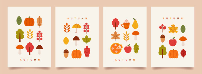 Autumn vibe. Minimal geometric poster set. Fall leaves, pumpkin pie, apple, mushrooms, fall trees, mug hot cocoa, pumpkins. Harvest Day and Thanksgiving backgrounds. Vector flat illustration. © Anna Bova