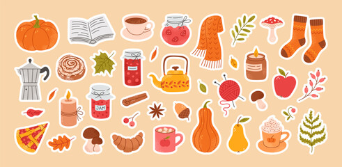 Autumn sticker set. Cozy fall icons. Scarf, candles, hot cocoa, socks, pie, pumpkin spice latte, mug, jam, leaves, mushrooms. Cute autumn holiday elements. Vector flat illustration.