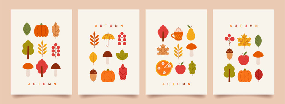 Autumn vibe. Minimal geometric poster set. Fall leaves, pumpkin pie, apple, mushrooms, fall trees, mug hot cocoa, pumpkins. Harvest Day and Thanksgiving backgrounds. Vector flat illustration.