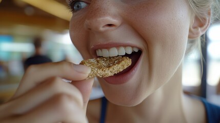 Close-up of a woman delightfully biting into a whole grain cracker, her joyful expression reflecting her enjoyment.