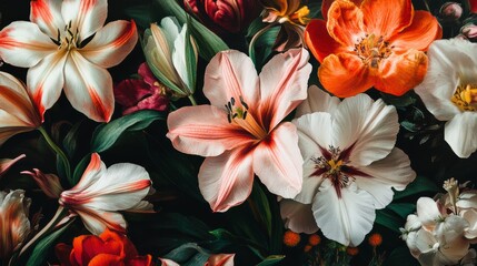 Fototapeta premium A vibrant array of lilies and other blooming flowers in full display, bursting with vivid orange, white, and pink hues set against a dark background.