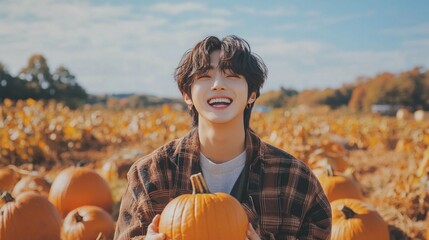 Young happy pretty Kpop idol boy picking pumpkins at pumpkin patch, Asian young man celebrating Thanksgiving Halloween in harvest autumn season.