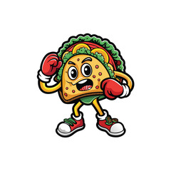 Cute taco mascot character emoticon with funny face wearing boxing gloves.