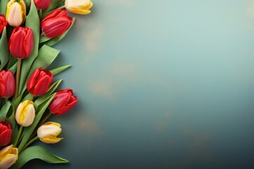 Bright spring flowers on light background, right place for text, postcard left tulips,spring flowers