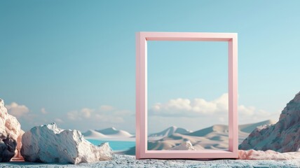 Serene pastel landscape with a single empty photo frame in the foreground.