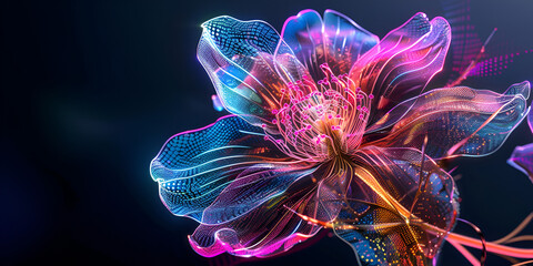 Naklejka premium Futuristic digital flower with glowing petals in vibrant colors, blending technology and nature in a captivating visual art piece