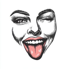 Playful vintage illustration of a woman with a winking expression and sticking out her tongue, exuding a fun and cheeky attitude
