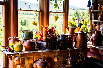 Fototapeta premium A busy kitchen scene with various pots and pans stored on the counter, perfect for illustrations of meal prep or cooking classes
