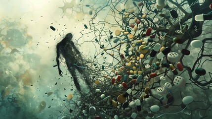 A visual metaphor shows addiction as a person trapped in a web of substances, symbolizing entrapment.