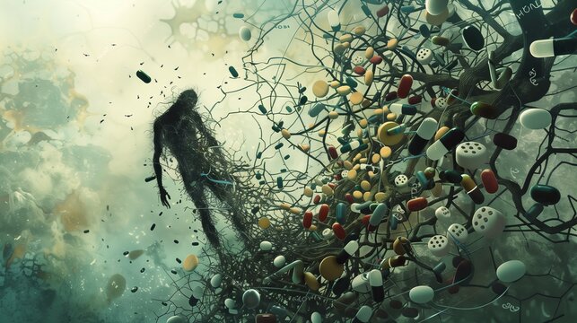 A visual metaphor shows addiction as a person trapped in a web of substances, symbolizing entrapment.