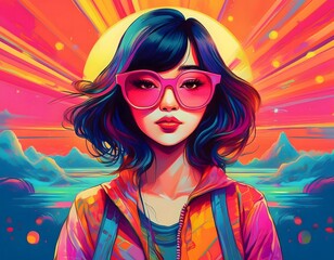 Fototapeta premium The girl with the glasses, the summer vibe, Vetore art, Solid colors art, Summer theme