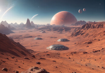 A Futuristic View of Alien Landscape With Spacecrafts on Distant Planet at Twilight