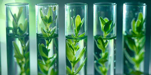 Obraz premium Green plants growing in glass test tubes for scientific research in a laboratory, representing biotechnology and sustainable development