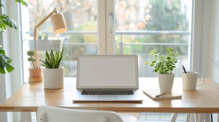 Fototapeta premium A woman sits at a desk with a laptop and a potted plant in front of her