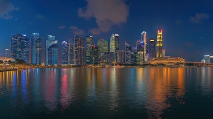 Fototapeta premium Illuminated Skyscrapers Reflecting in Still Water at Night