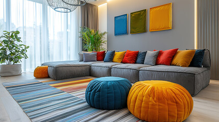 Spacious modern lounge with grey sofa and colorful pillows and poufs 