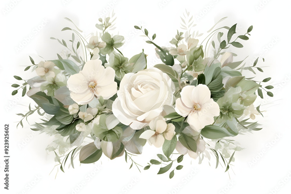 Wall mural Wreath of white flowers and green leaves