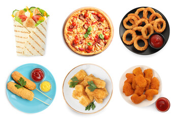 Collage with different tasty fast food on white background, top view
