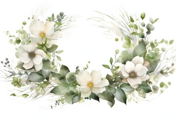 Fototapeta premium Wreath of white flowers and green leaves