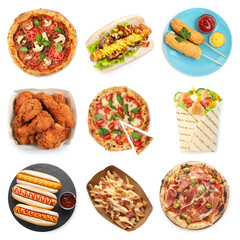 Collage with different tasty fast food on white background, top view