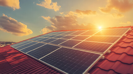 Solar panels on the roof, blue clouds on sky