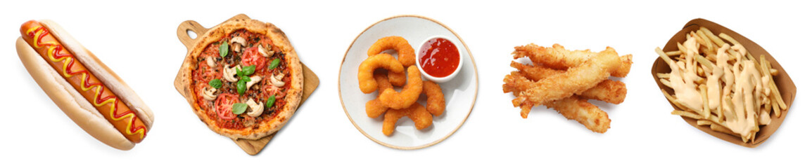 Collage with different tasty fast food on white background, top view