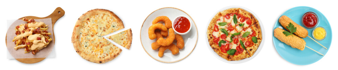 Collage with different tasty fast food on white background, top view
