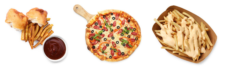 Collage with tasty fast food on white background, top view