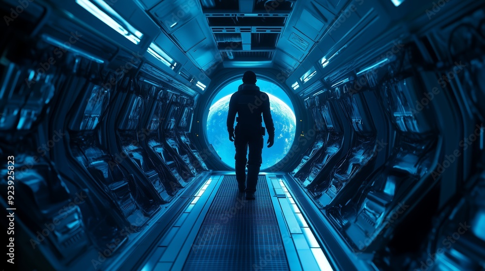Poster astronaut walking towards the observation window in a futuristic spacecraft with earth visible in th