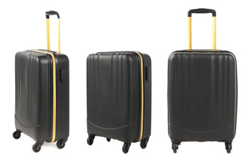 Set of black suitcase on white background, view from different sides