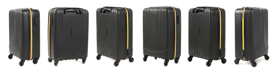 Set of black suitcase on white background, view from different sides