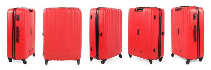 Set of red suitcase on white background, view from different sides