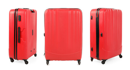 Set of red suitcase on white background, view from different sides