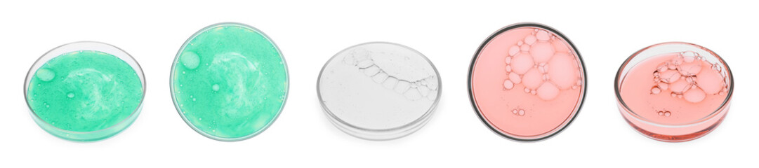 Set of Petri dishes with liquid samples on white background, top and side views