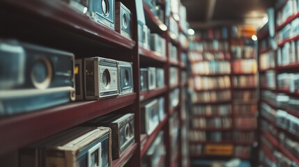 Vintage tapes and books stored neatly on shelves in a cozy library setting