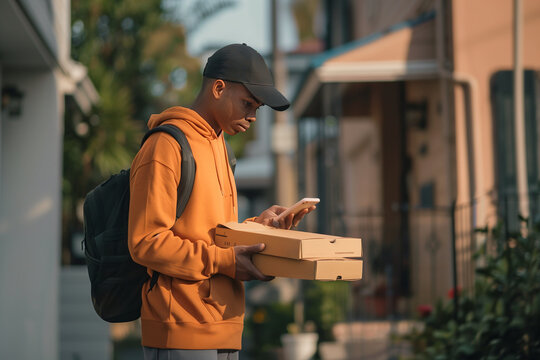 Delivery man checking phone with pizza boxes in hand, residential street. Generative AI