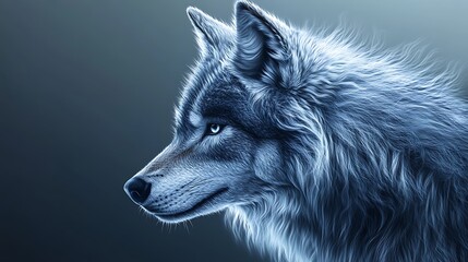 Fototapeta premium Majestic 3D Illustration of Regal Wolf's Head in Profile with Detailed Fur Patterns on Gradient Background in Cool Colors - Digital Art